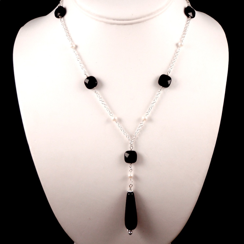 Sterling silver and onyx lariat necklace